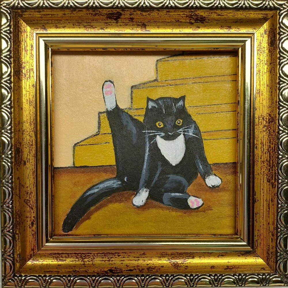 Lot of 3 Framed Original Mini Black Cat Oil Paintings - Picture 7 of 8